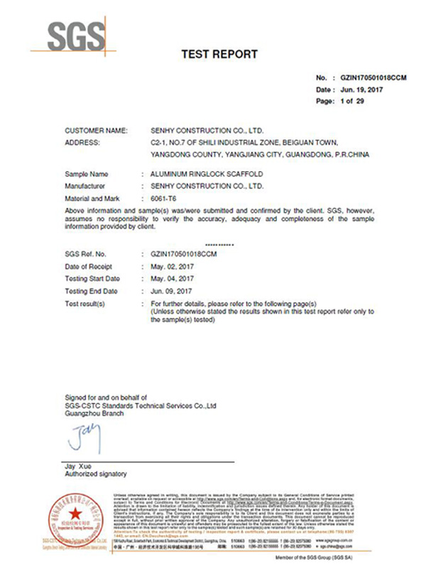 Aluminum Ringlock Scaffolding SGS Test Report